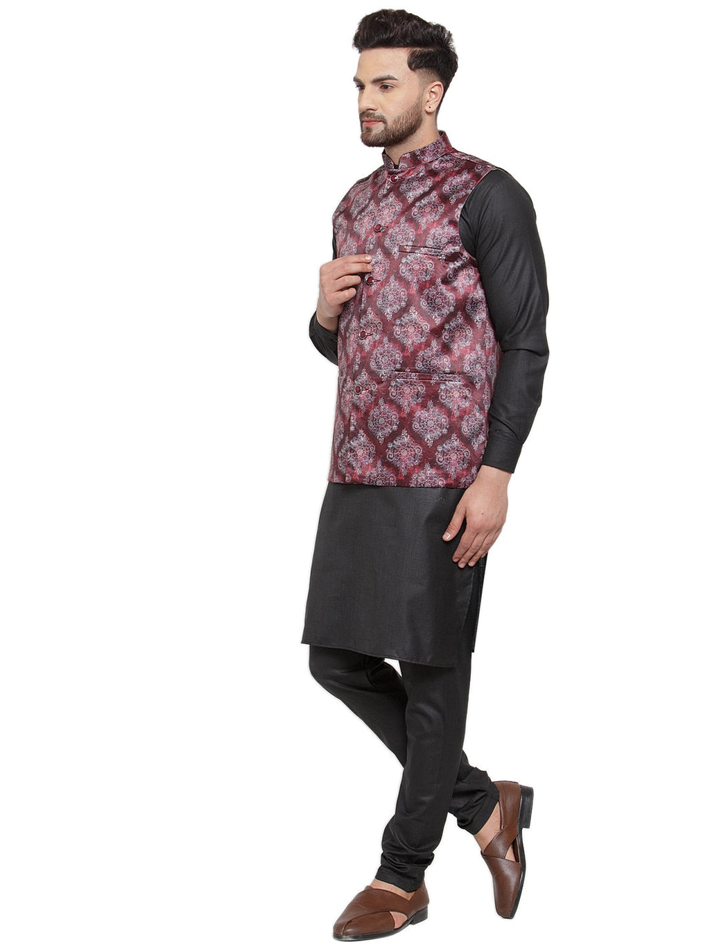 Jompers Men Solid Cotton Kurta Pajama with Printed Waistcoat (Maroon-B)