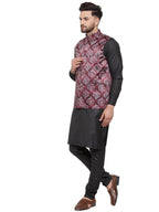 Jompers Men Solid Cotton Kurta Pajama with Printed Waistcoat (Maroon-B)