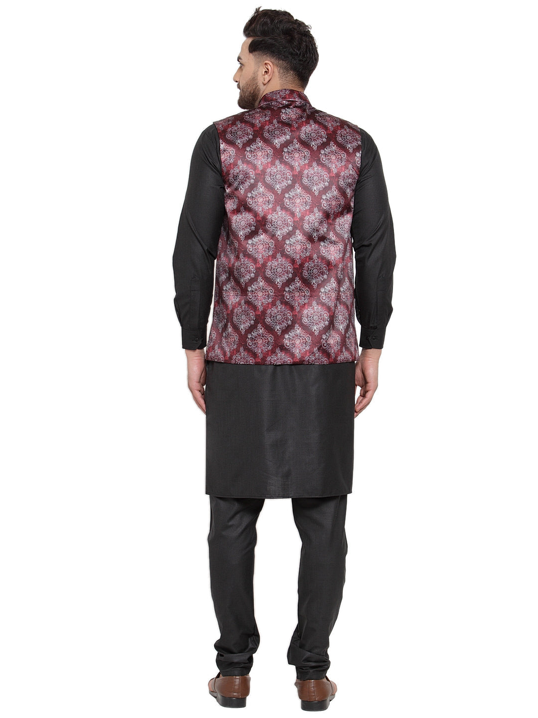 Jompers Men Solid Cotton Kurta Pajama with Printed Waistcoat (Maroon-B)