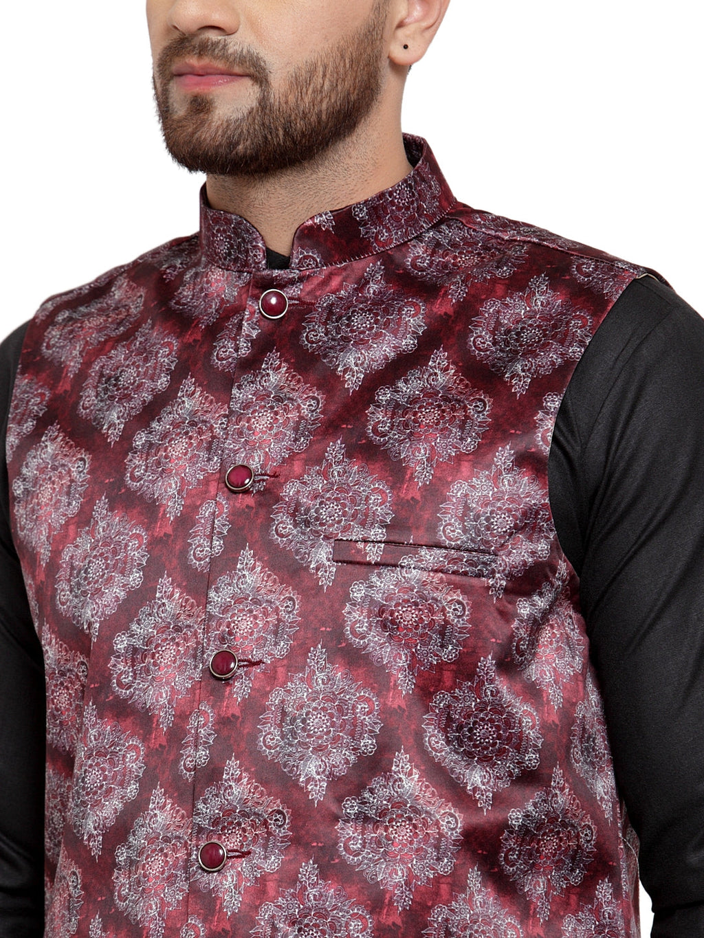 Jompers Men Solid Cotton Kurta Pajama with Printed Waistcoat (Maroon-B)