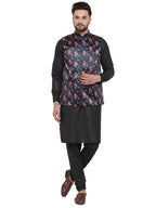 Jompers Men's Solid Cotton Kurta Pajama with Printed Waistcoat (Navy-B)