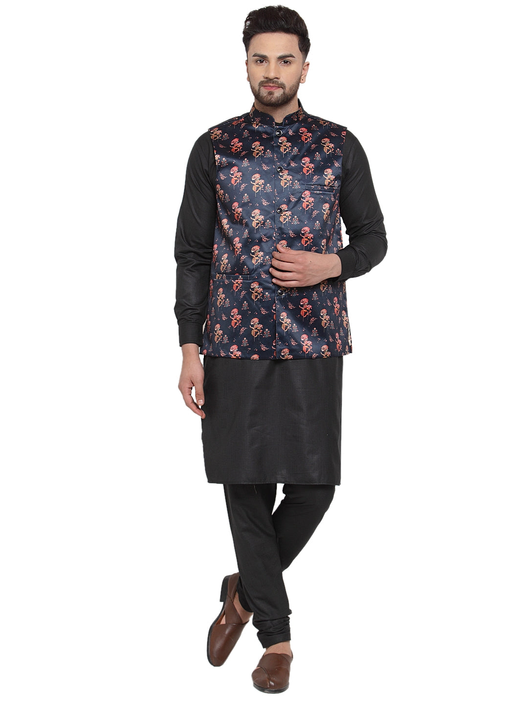 Jompers Men's Solid Cotton Kurta Pajama with Printed Waistcoat (Navy-B)
