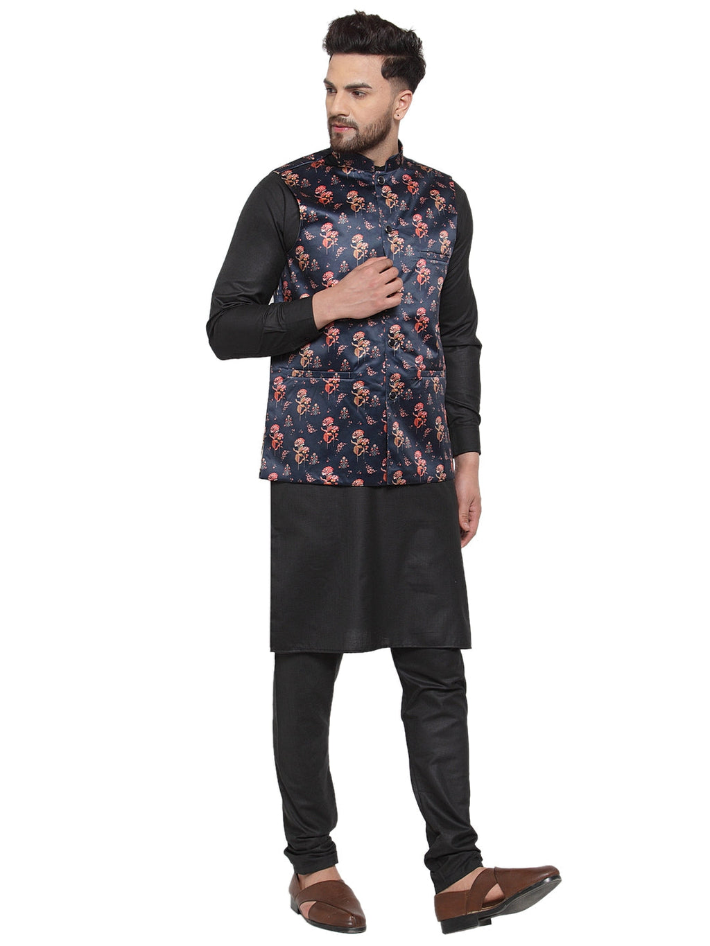 Jompers Men's Solid Cotton Kurta Pajama with Printed Waistcoat (Navy-B)