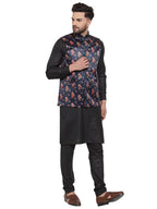 Jompers Men's Solid Cotton Kurta Pajama with Printed Waistcoat (Navy-B)