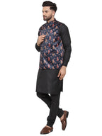 Jompers Men's Solid Cotton Kurta Pajama with Printed Waistcoat (Navy-B)