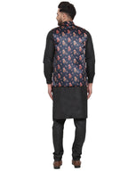 Jompers Men's Solid Cotton Kurta Pajama with Printed Waistcoat (Navy-B)