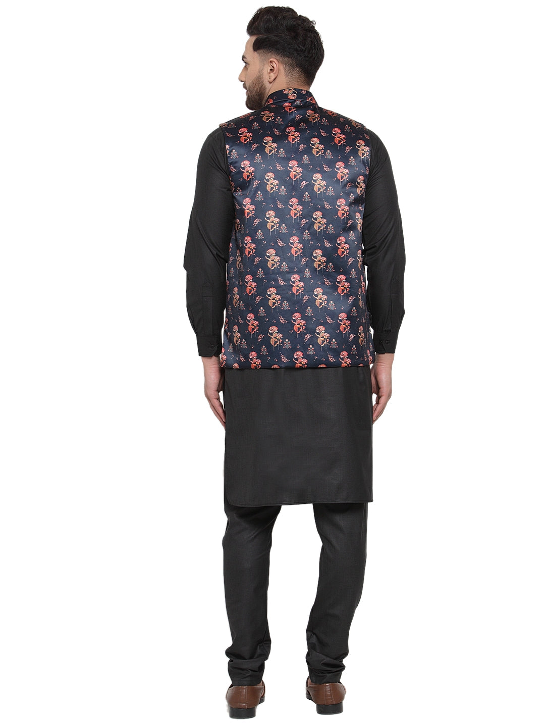 Jompers Men's Solid Cotton Kurta Pajama with Printed Waistcoat (Navy-B)