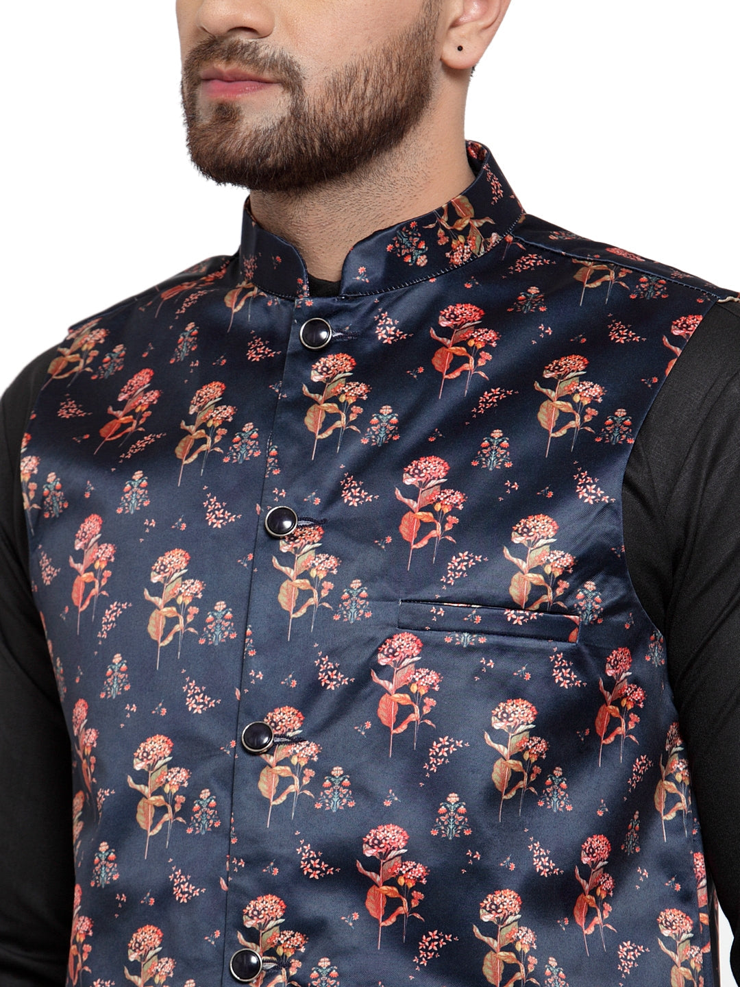 Jompers Men's Solid Cotton Kurta Pajama with Printed Waistcoat (Navy-B)
