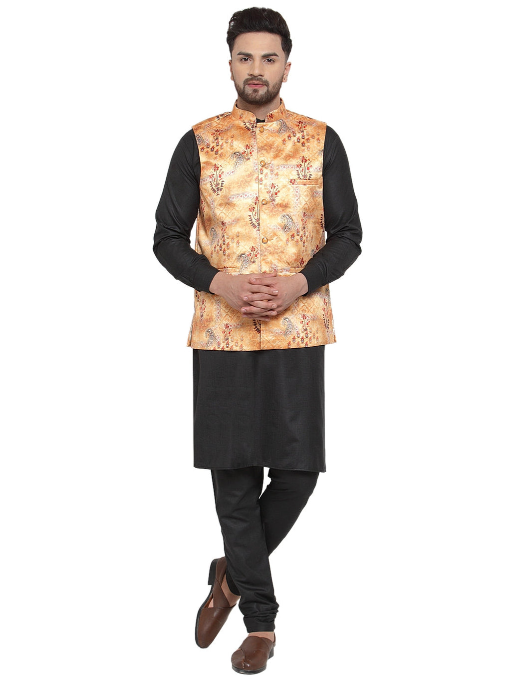 Jompers Men's Solid Cotton Kurta Pajama with Printed Waistcoat (Orange-B) - Distacart