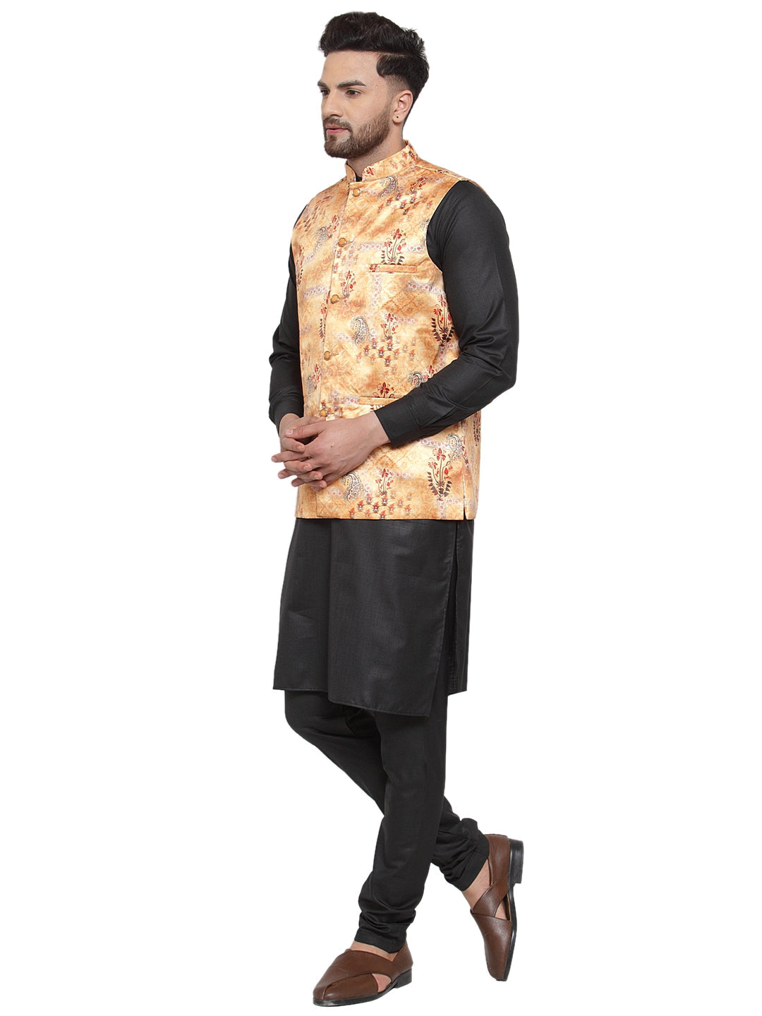 Jompers Men's Solid Cotton Kurta Pajama with Printed Waistcoat (Orange-B) - Distacart