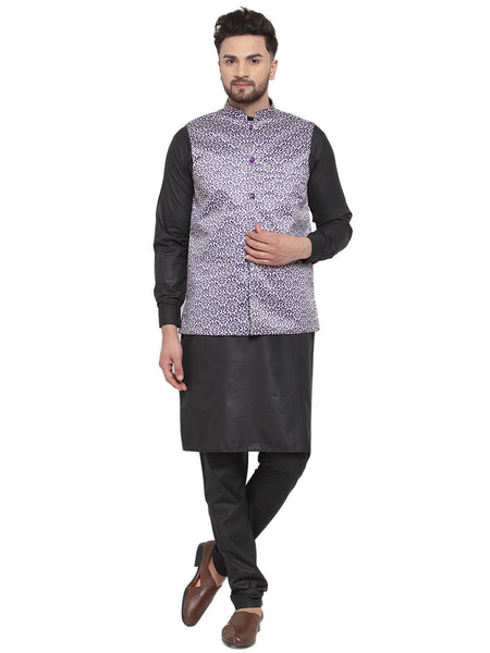 Jompers Men's Solid Cotton Kurta Pajama with Printed Waistcoat (Purple-B)