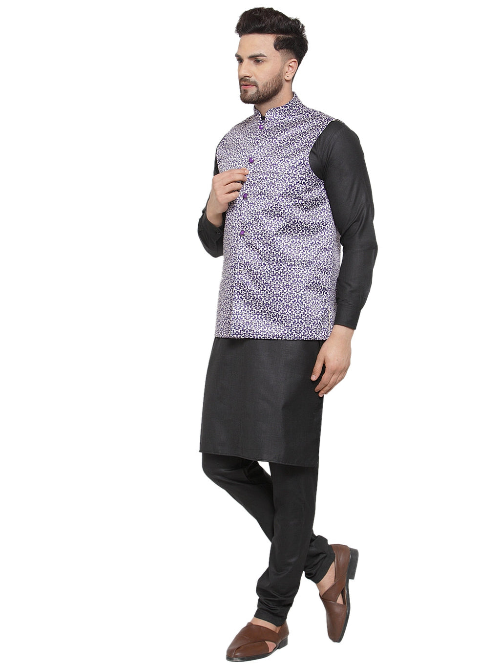 Jompers Men's Solid Cotton Kurta Pajama with Printed Waistcoat (Purple-B)