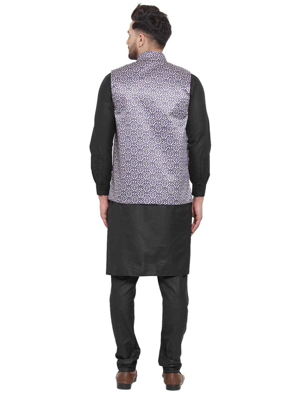 Jompers Men's Solid Cotton Kurta Pajama with Printed Waistcoat (Purple-B)
