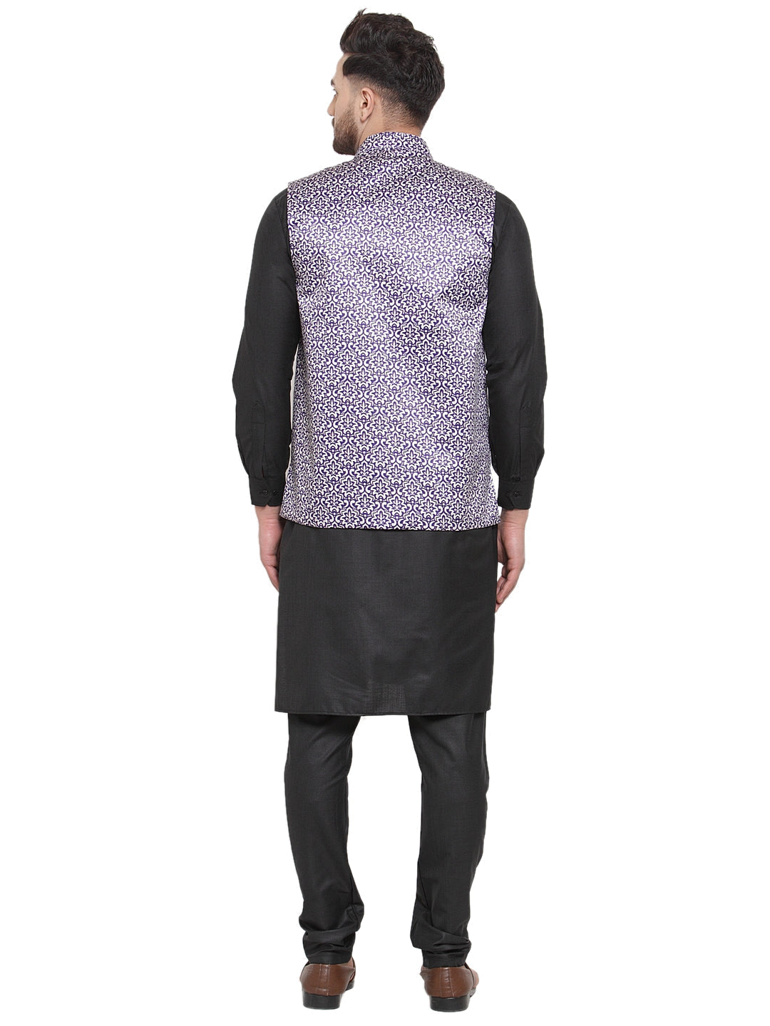 Jompers Men's Solid Cotton Kurta Pajama with Printed Waistcoat (Purple-B)