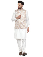 Jompers Men's Solid Cotton Kurta Pajama with Printed Waistcoat (Beige-W)