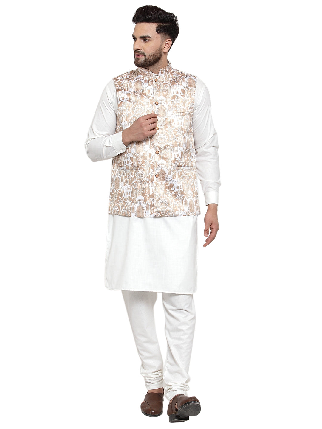 Jompers Men's Solid Cotton Kurta Pajama with Printed Waistcoat (Beige-W)