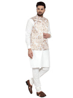Jompers Men's Solid Cotton Kurta Pajama with Printed Waistcoat (Beige-W)