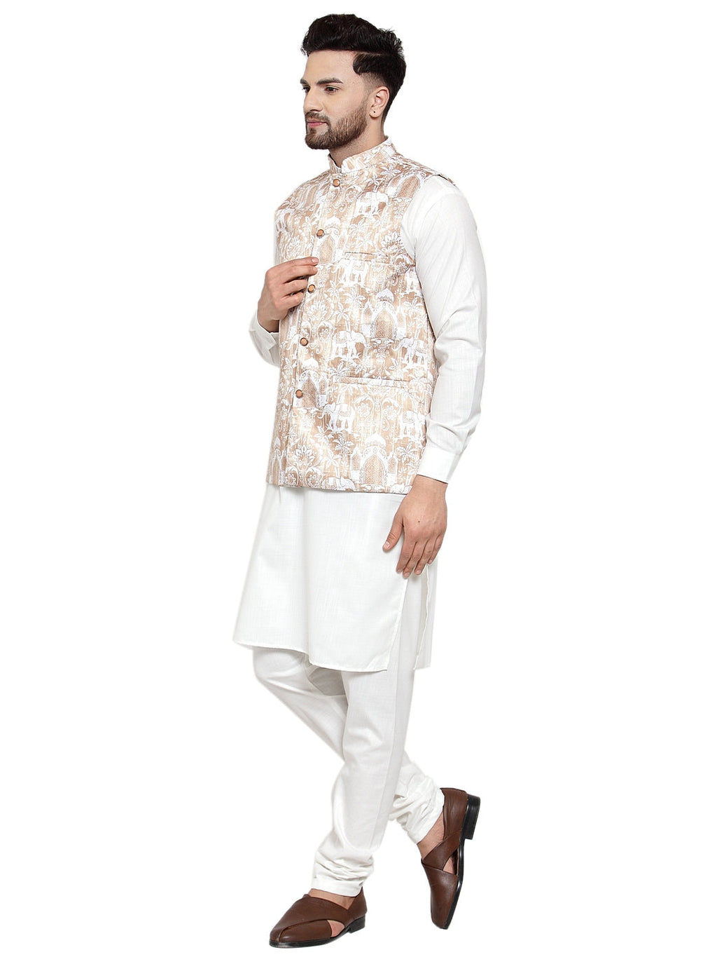 Jompers Men's Solid Cotton Kurta Pajama with Printed Waistcoat (Beige-W)