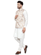 Jompers Men's Solid Cotton Kurta Pajama with Printed Waistcoat (Beige-W)