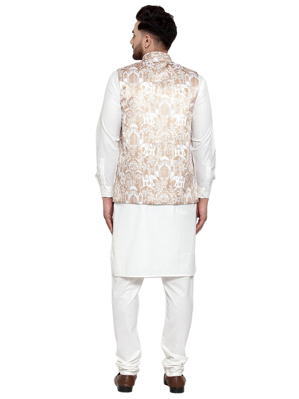 Jompers Men's Solid Cotton Kurta Pajama with Printed Waistcoat (Beige-W)
