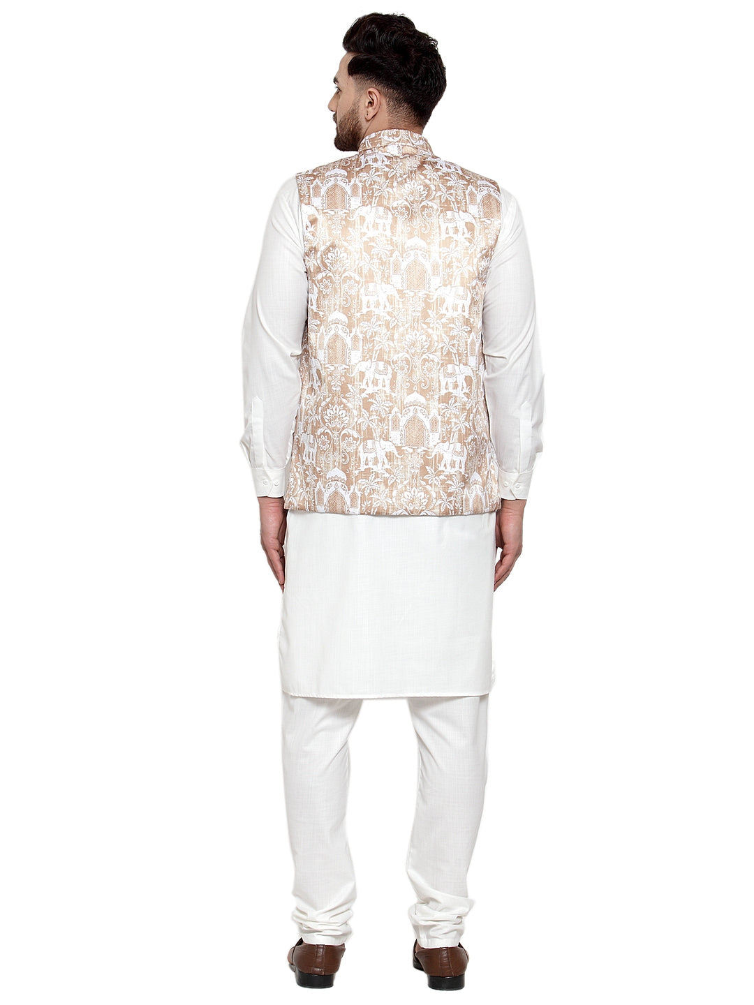 Jompers Men's Solid Cotton Kurta Pajama with Printed Waistcoat (Beige-W)