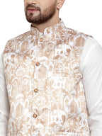 Jompers Men's Solid Cotton Kurta Pajama with Printed Waistcoat (Beige-W)