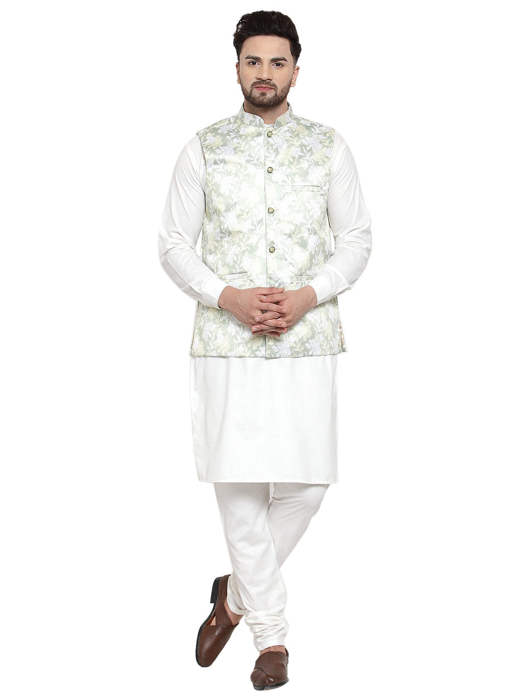 Jompers Men's Solid Cotton Kurta Pajama with Printed Waistcoat (Lime-W) - Distacart