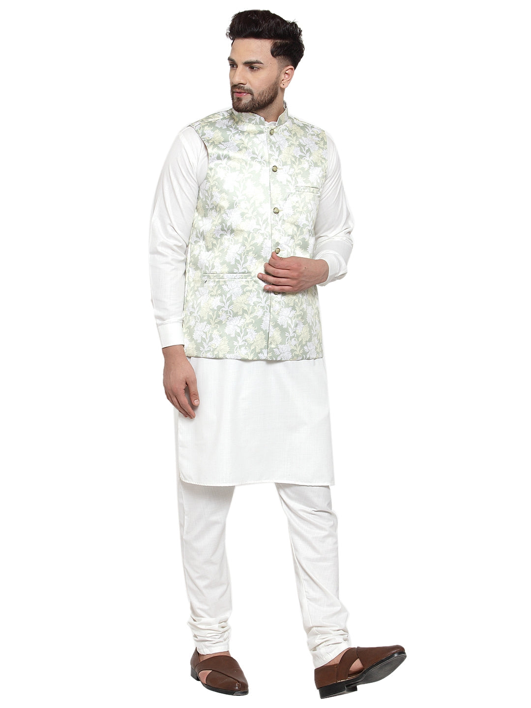 Jompers Men's Solid Cotton Kurta Pajama with Printed Waistcoat (Lime-W) - Distacart