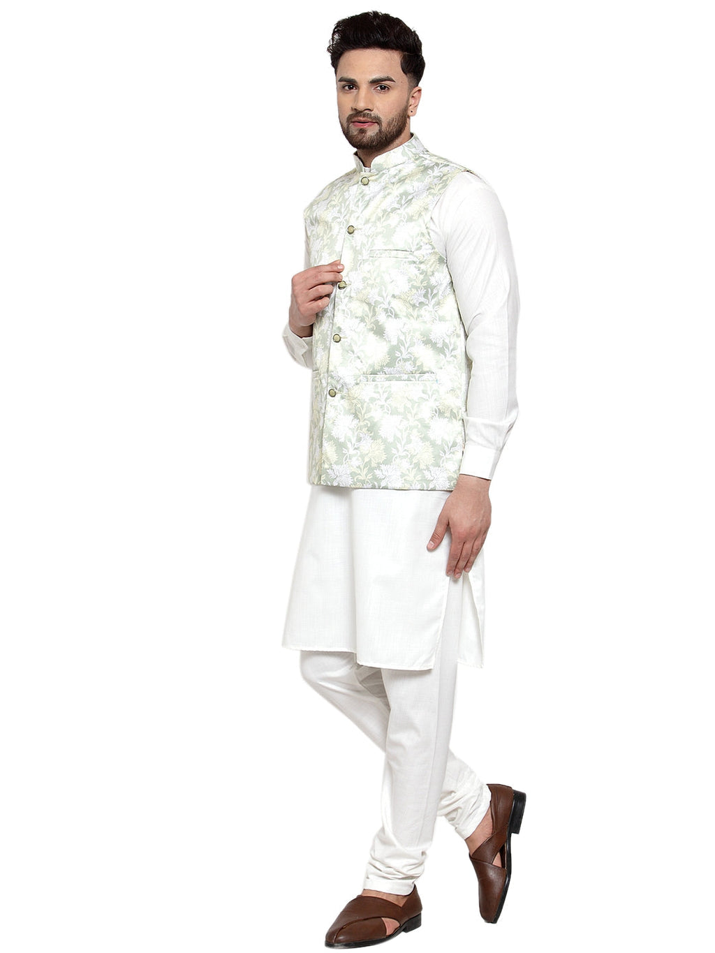 Jompers Men's Solid Cotton Kurta Pajama with Printed Waistcoat (Lime-W) - Distacart