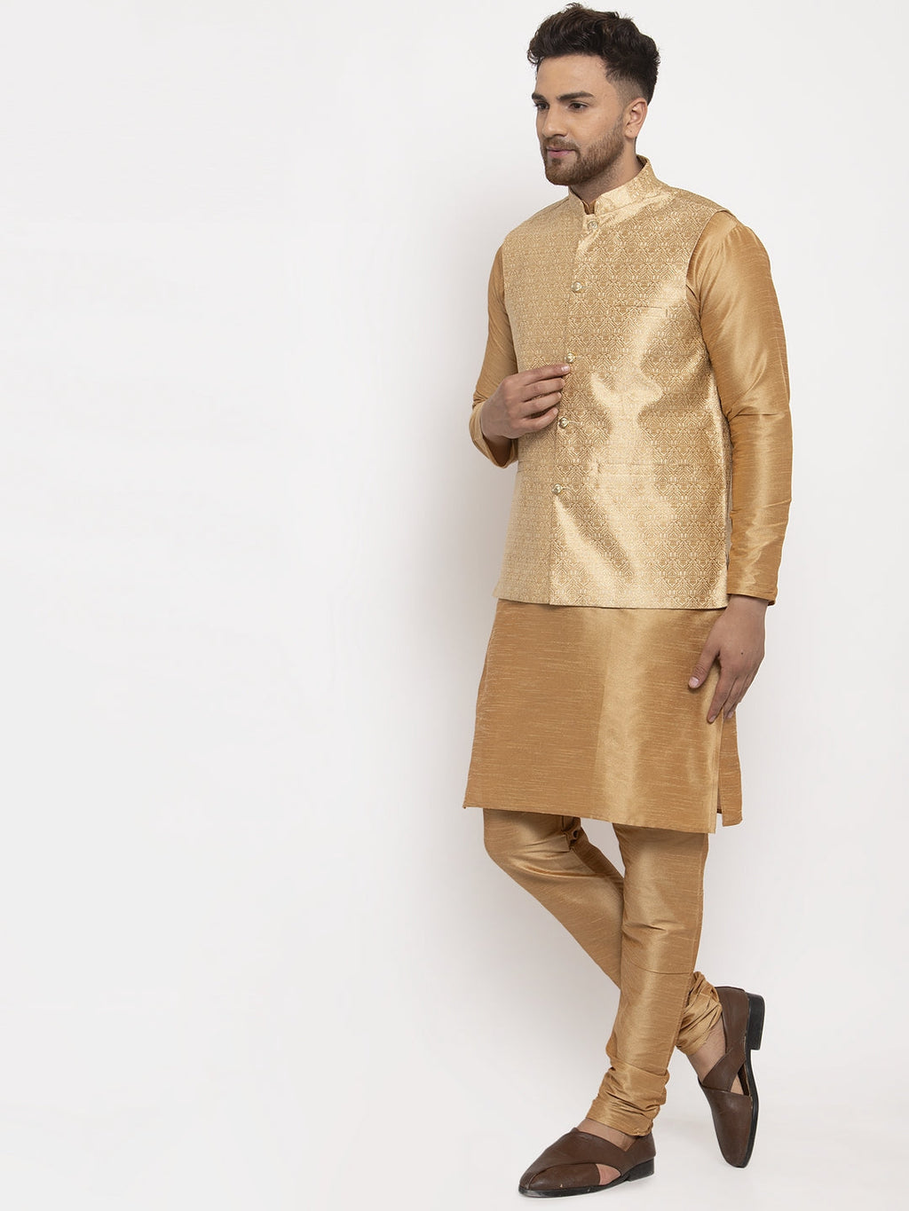 Jompers Men's Solid Dupion Kurta Pajama with Woven Jacqaurd Waistcoat (Golden-G)
