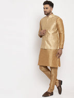 Jompers Men's Solid Dupion Kurta Pajama with Woven Jacqaurd Waistcoat (Golden-G)