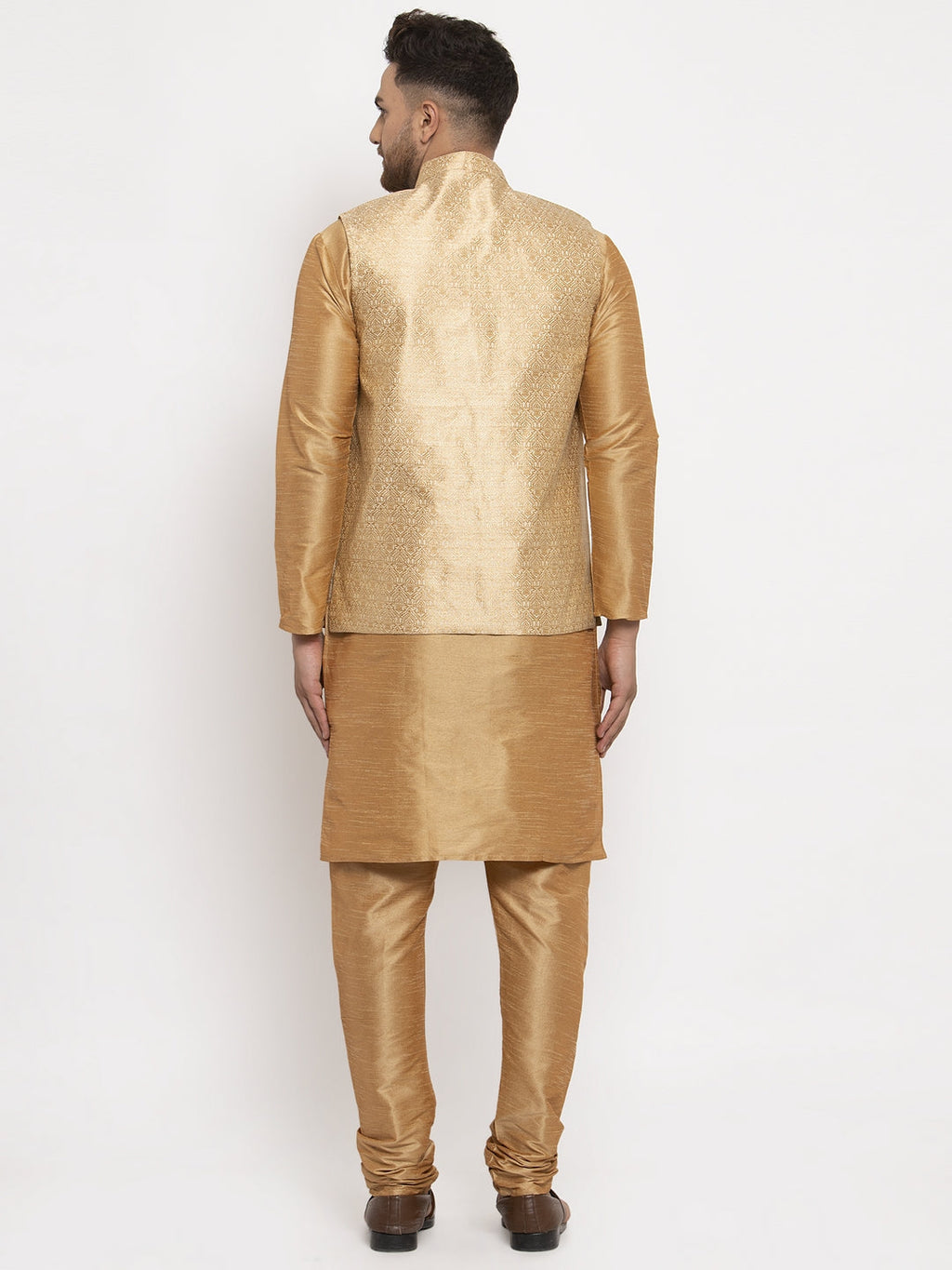 Jompers Men's Solid Dupion Kurta Pajama with Woven Jacqaurd Waistcoat (Golden-G)