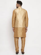 Jompers Men's Solid Dupion Kurta Pajama with Woven Jacqaurd Waistcoat (Golden-G)