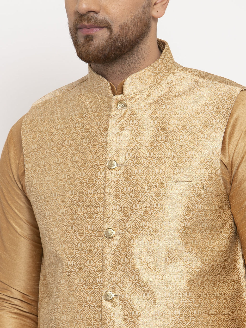 Jompers Men's Solid Dupion Kurta Pajama with Woven Jacqaurd Waistcoat (Golden-G)