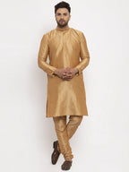 Jompers Men's Solid Dupion Kurta Pajama with Woven Jacqaurd Waistcoat (Golden-G)