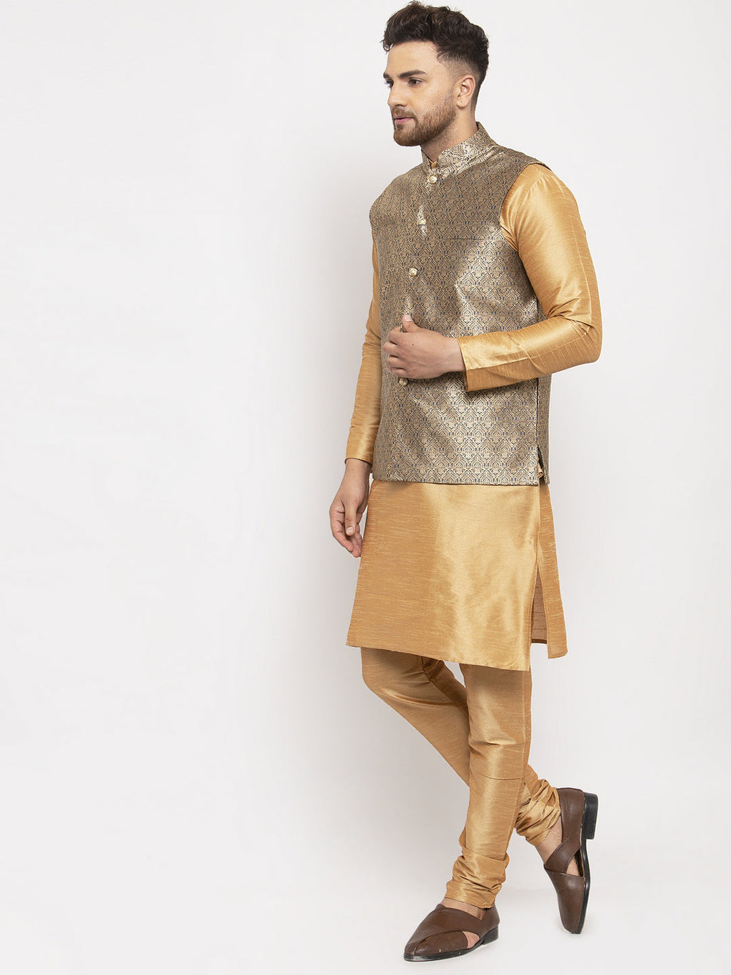 Jompers Men's Solid Dupion Kurta Pajama with Woven Jacqaurd Waistcoat (Grey-G) - Distacart