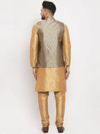Jompers Men's Solid Dupion Kurta Pajama with Woven Jacqaurd Waistcoat (Grey-G) - Distacart