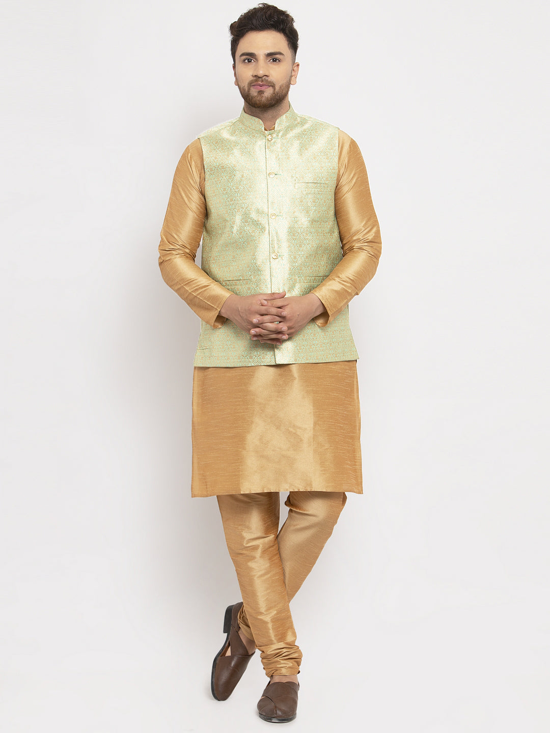 Jompers Men's Solid Dupion Kurta Pajama with Woven Jacqaurd Waistcoat (Lime-G) - Distacart