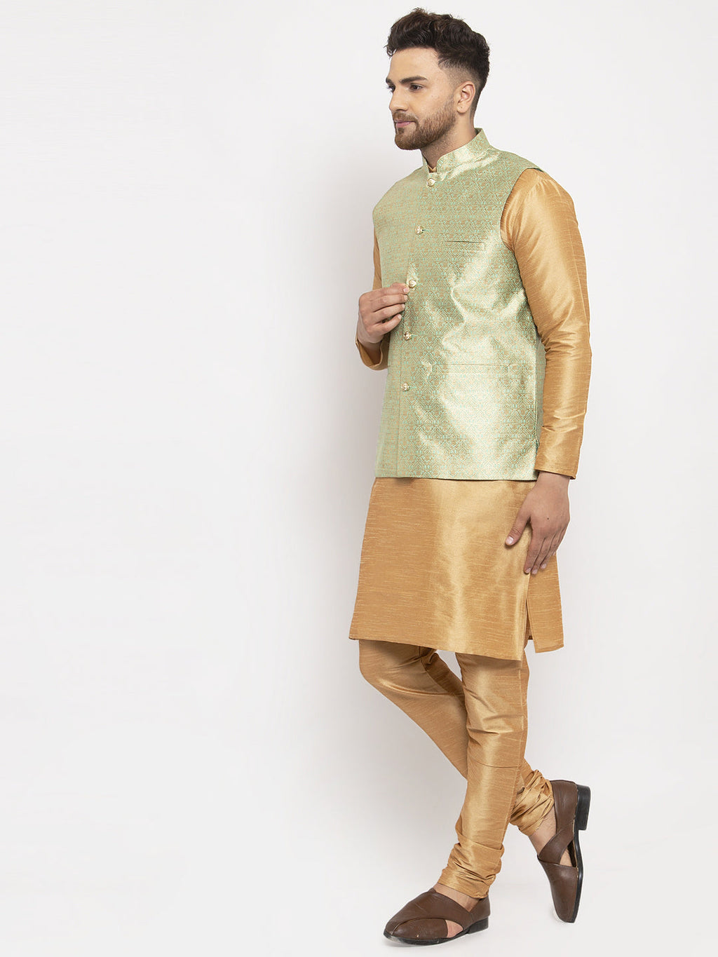 Jompers Men's Solid Dupion Kurta Pajama with Woven Jacqaurd Waistcoat (Lime-G) - Distacart