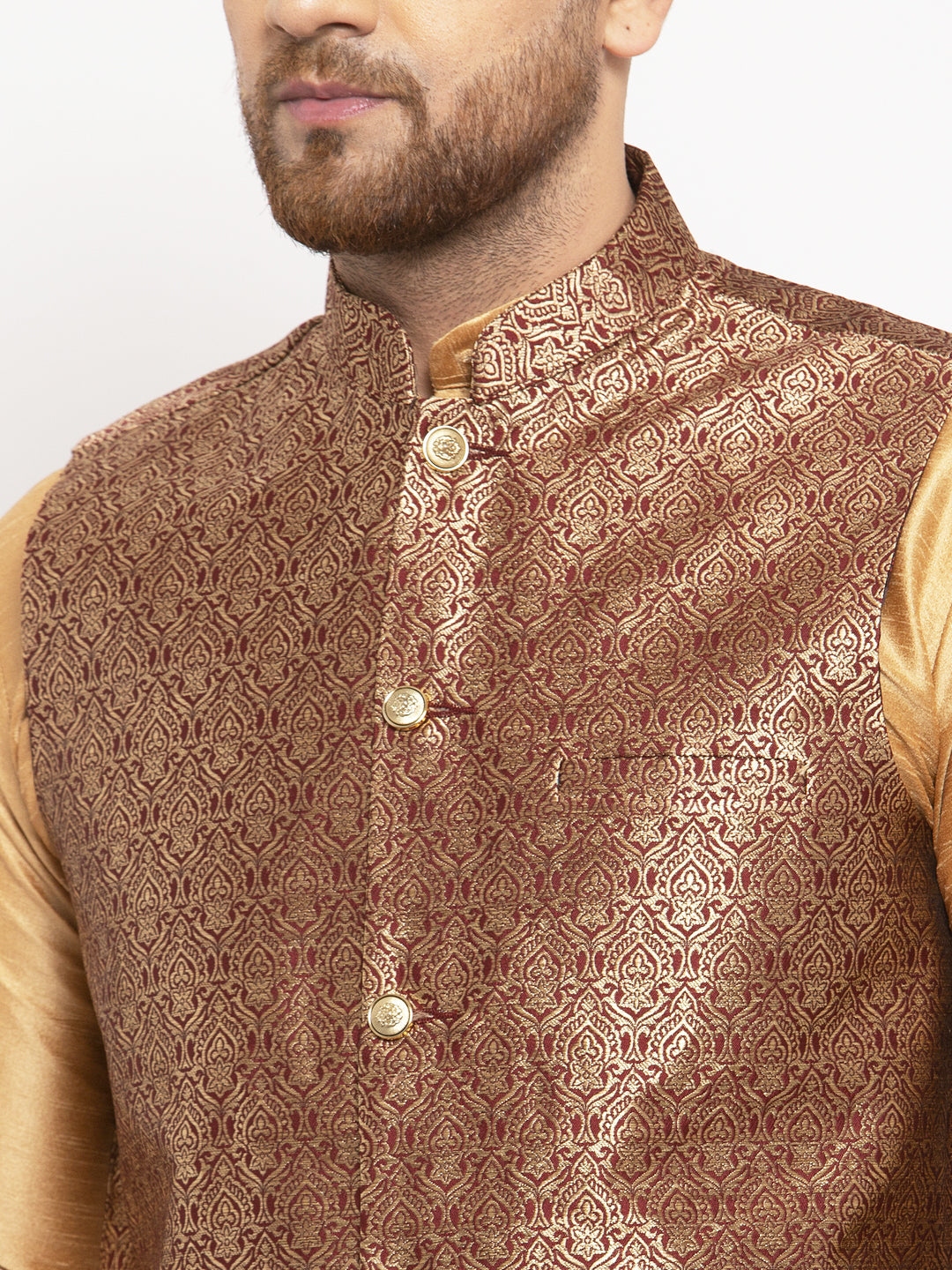 Jompers Men's Solid Dupion Kurta Pajama with Woven Jacqaurd Waistcoat (Maroon-G) - Distacart