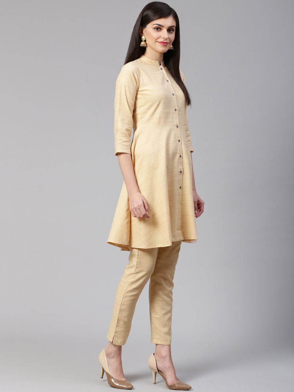 Jompers Women Beige Solid Kurta with Trousers & Dupatta - Distacart