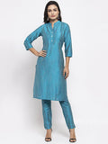 Jompers Women Blue & Green Self-Striped Kurta with Trousers - Distacart