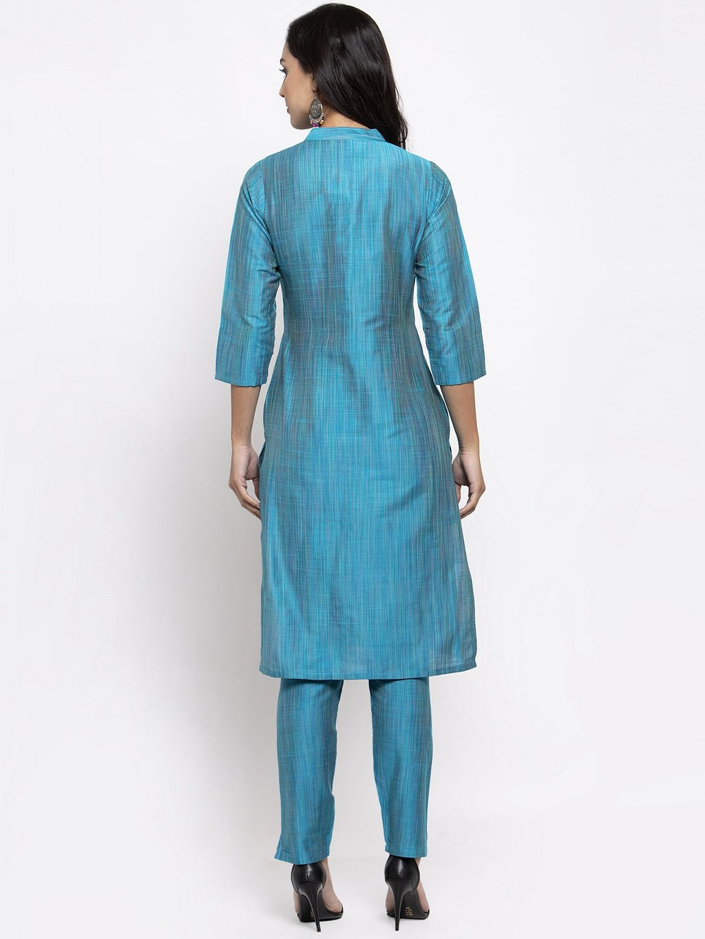 Jompers Women Blue & Green Self-Striped Kurta with Trousers - Distacart