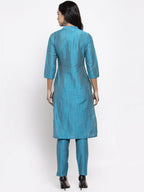 Jompers Women Blue & Green Self-Striped Kurta with Trousers - Distacart