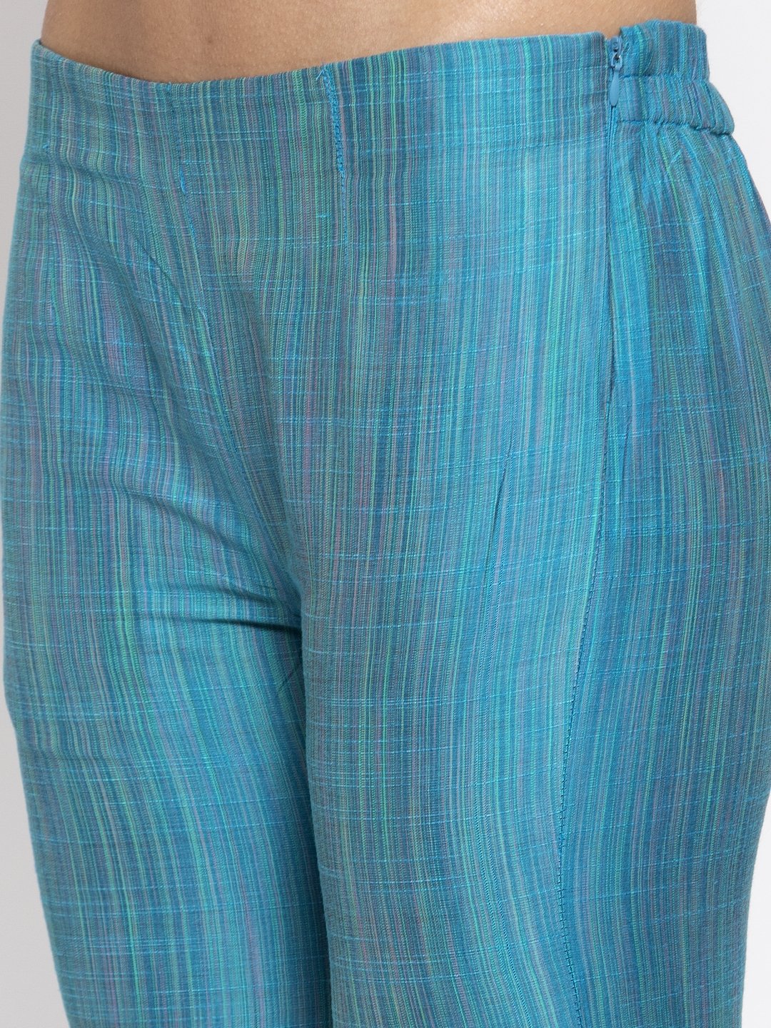 Jompers Women Blue & Green Self-Striped Kurta with Trousers - Distacart