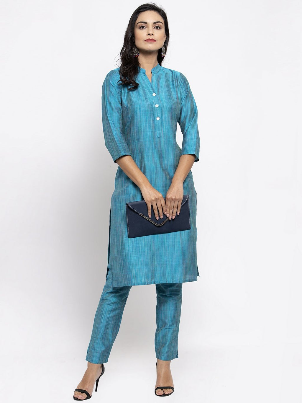 Jompers Women Blue & Green Self-Striped Kurta with Trousers - Distacart