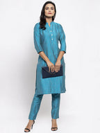 Jompers Women Blue & Green Self-Striped Kurta with Trousers - Distacart