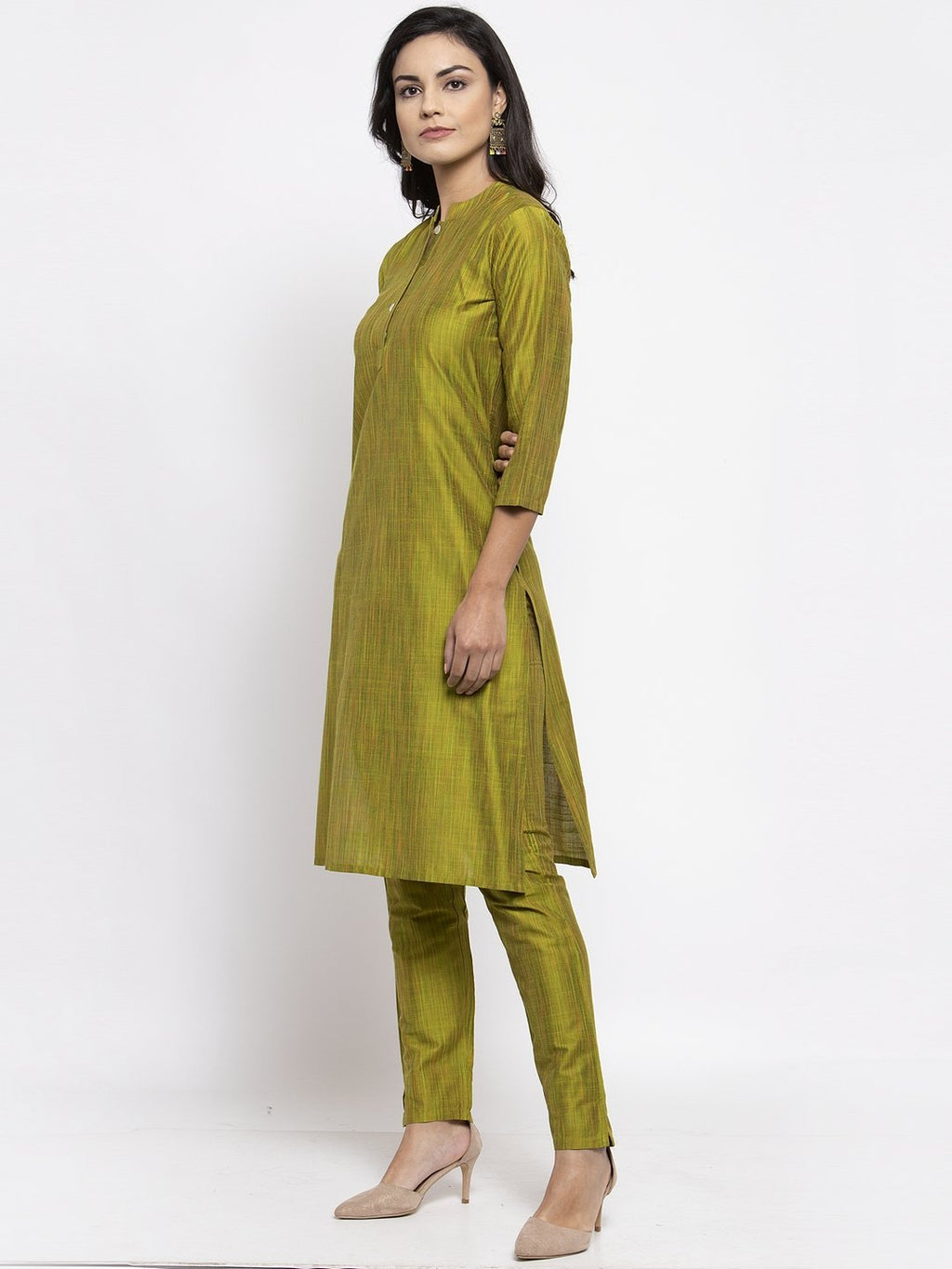 Jompers Women Green Self-Striped Kurta with Trousers - Distacart