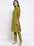 Jompers Women Green Self-Striped Kurta with Trousers - Distacart