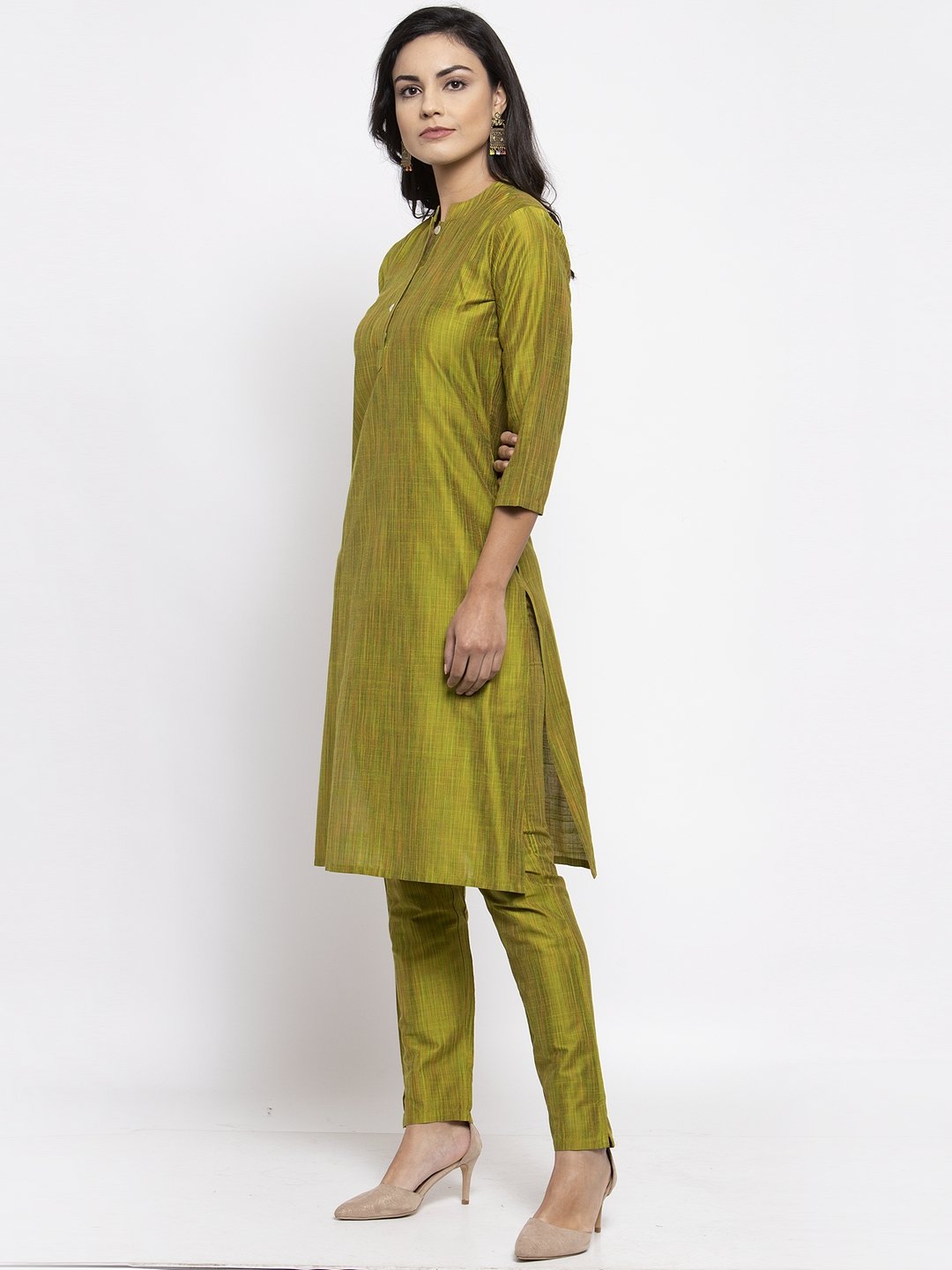 Jompers Women Green Self-Striped Kurta with Trousers - Distacart